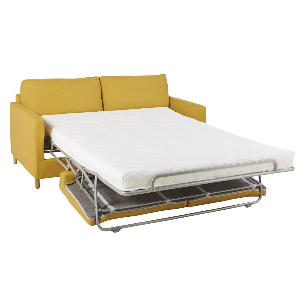 Sofá-cama de 3 plazas amarillo mostaza, colchón 10 cm - Casa del Mundo